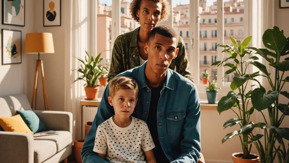 Stromae y el arte de reinventarse: salud mental, familia y nuevas prioridades Stromae with his wife Coralie and their young blond son, enjoying a relaxed family moment in a sunlit, stylish Barcelona apartment, photorealistic editorial style, warm afternoon light streaming through large windows, modern yet cozy decor with plants and artistic details, the main subjects centered and in sharp focus, subtle hints of Barcelona’s architecture visible outside.