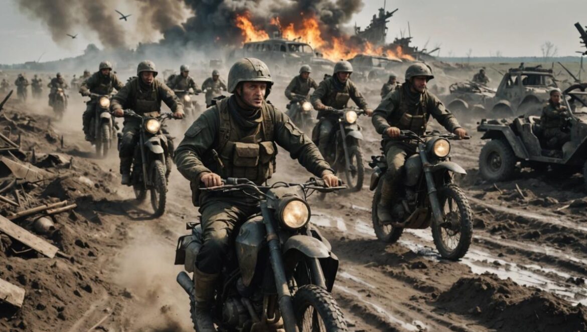 Motos vs. drones en Ucrania: la guerra entra en su fase Mad Max A tense war scene at the Ukrainian front lines, photorealistic editorial style, a group of Russian soldiers riding rugged motorcycles through muddy terrain, surrounded by destroyed vehicles and looming drone silhouettes in the sky, harsh natural lighting, center-focused composition with one motorcyclist clearly in sharp focus, background shows scorched earth and remnants of warfare.