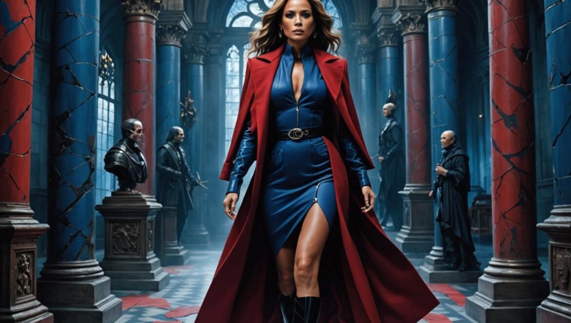Jennifer Lopez en The Cell: el thriller visual que convirtió moda y pesadilla en arte Jennifer Lopez as an intense psychologist, stepping into a surreal, dreamlike world inspired by gothic and renaissance art, photorealistic editorial style, dramatic lighting with sharp contrasts of blue and red hues, elaborate avant-garde costumes and haunting makeup, main subject centered and in sharp focus, with blurred visions of twisted architecture in the background.