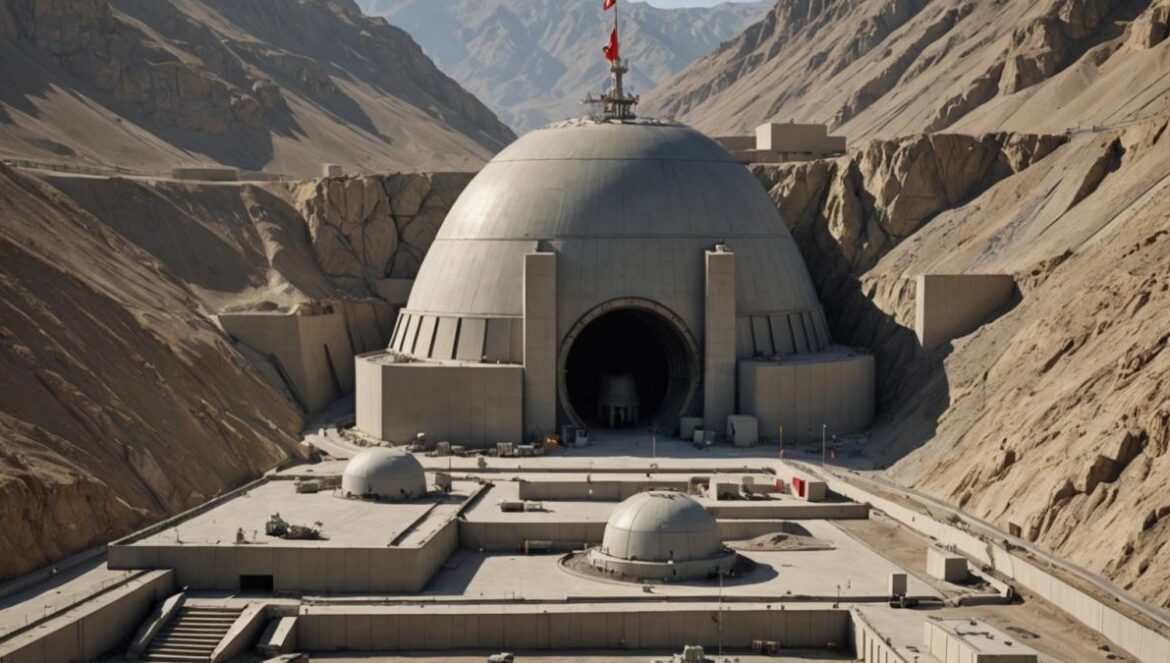 Fordow: el búnker nuclear que ni la bomba más poderosa puede destruir A photorealistic editorial image showing a massive, secretive underground nuclear facility buried deep inside a rugged mountain in Iran. The entrance is fortified with heavy concrete and surrounded by advanced air defense systems. In the foreground, Israeli and Iranian flags subtly overlap, symbolizing tension. The main subject—the fortified mountain—should be centered and in sharp focus, with dramatic lighting highlighting its impenetrability and strategic importance. Clean, muted background to ensure clarity and professionalism.