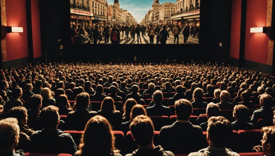 ‘28 años después’ rodada con iPhone: cómo Danny Boyle convierte un móvil en la mayor revolución del cine moderno A busy movie theater in Madrid, audience members watching an intense film, the main subject is a large central cinema screen showing a dramatic apocalyptic scene, photorealistic editorial style, warm cinematic lighting, visible iPhone being used by a filmmaker near the center aisle, modern decor and sharp focus on the screen and audience expressions.