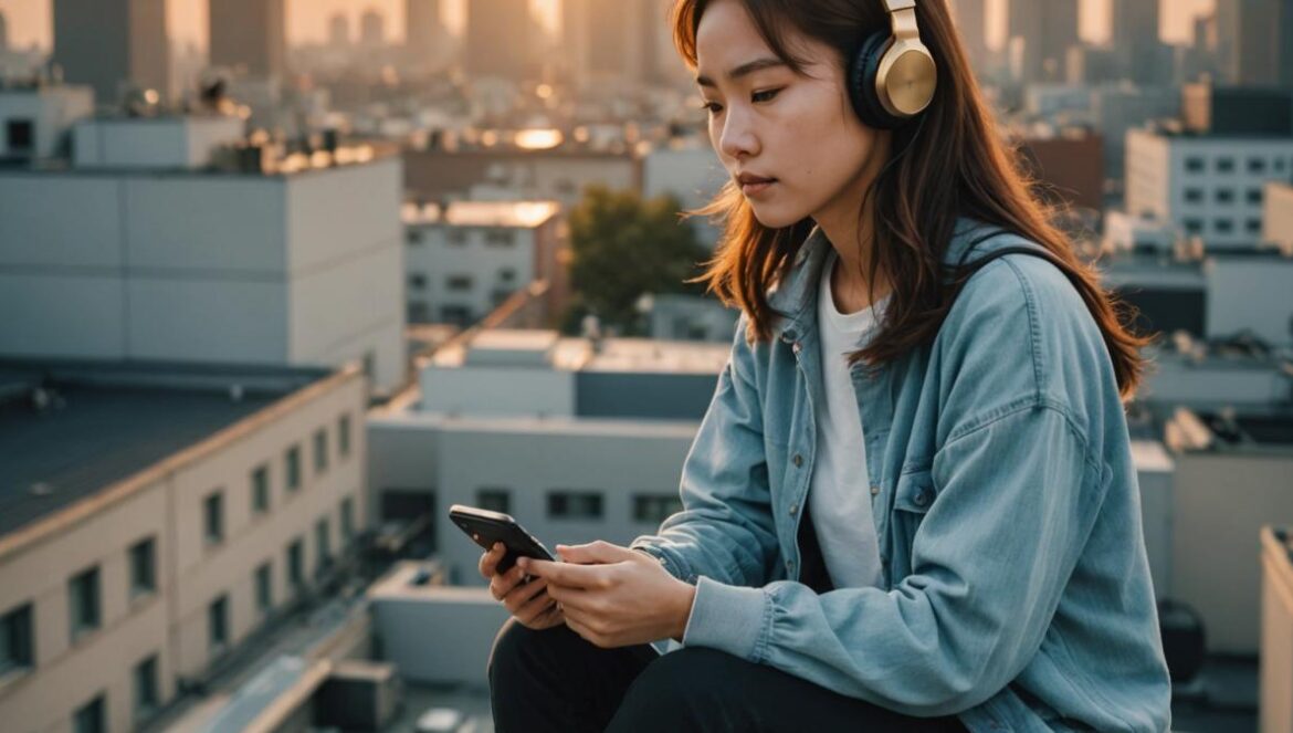 Junio suena a reinicio: política coreana, K-pop y emociones que transforman A centered South Korean young woman with headphones, sitting on a rooftop at sunrise, listening to music on her smartphone, photorealistic editorial style, soft golden light, city skyline in the background, the mood is hopeful and reflective, main subject clearly centered and in sharp focus, clean rooftop details around her.