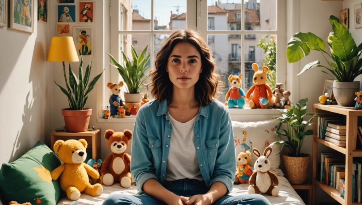 ¿Por qué arrasa el coleccionismo de Labubu? Más que una moda, una señal de nuestros tiempos A young woman in Buenos Aires, sitting on her bed surrounded by trendy collectible toys like Labubu and Sonny Angel figures, photorealistic editorial style, soft natural light from a window, vibrant and cozy atmosphere with plants and books in the background, the main subject centered and focused, toys displayed as cherished objects not clutter.