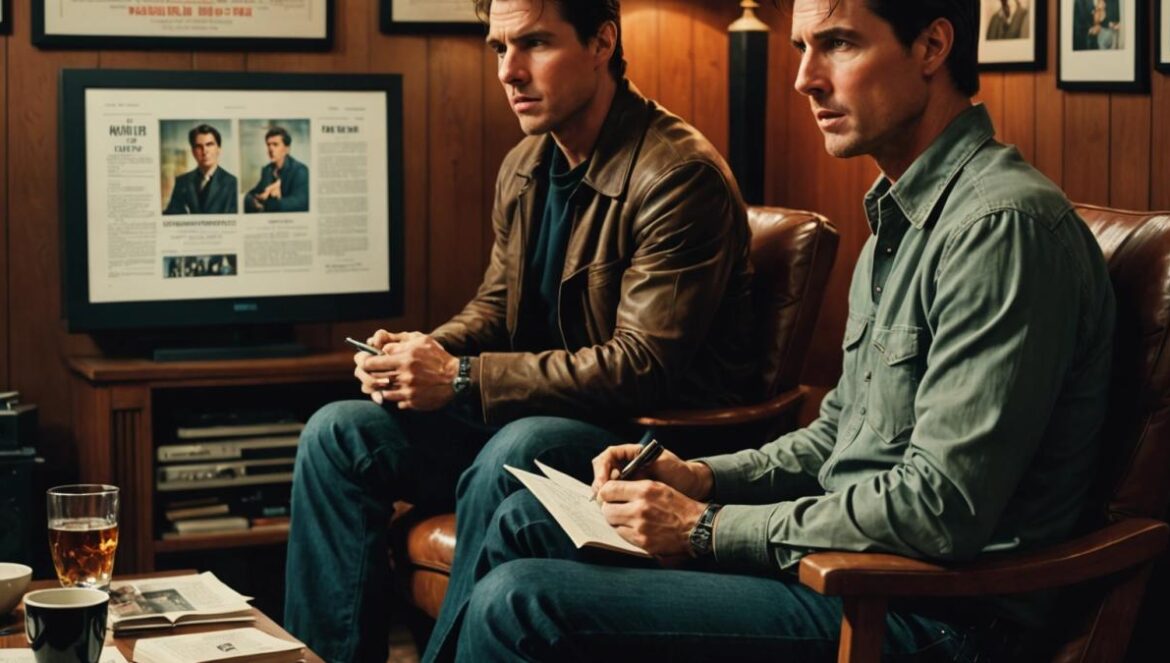 El día que Tom Cruise reescribió un monólogo y dejó sin palabras a Paul Thomas Anderson Tom Cruise seated in a cozy, dimly lit home screening room, reading from handwritten notes with intense concentration; director Paul Thomas Anderson sits beside him, visibly surprised and intrigued. Photorealistic editorial style, warm lighting highlighting their faces, background filled with classic film posters and vintage film reels. The main subjects are centered and in sharp focus, exuding a creative, intimate atmosphere.