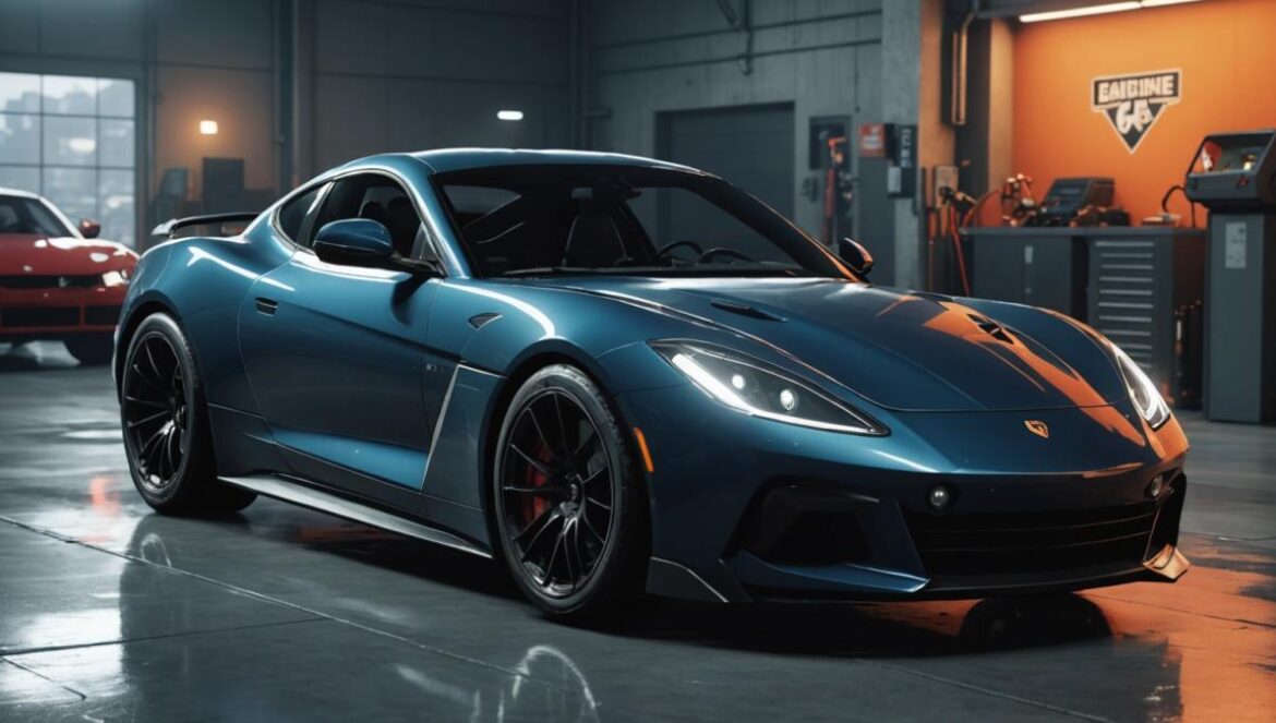 GTA Online: el Jammer antimisiles que cambia el juego para siempre A close-up, photorealistic editorial-style image of a sleek sports car in GTA Online, parked inside a high-tech garage. The car is being upgraded by a player character using an advanced digital console, with a visible missile lock-on jammer device highlighted on the vehicle. Vibrant LED lighting illuminates the garage, and classic Rockstar branding can be subtly seen. The main subject—the vehicle and upgrade process—is sharply focused and centered; background is clean but hints at other iconic GTA cars.