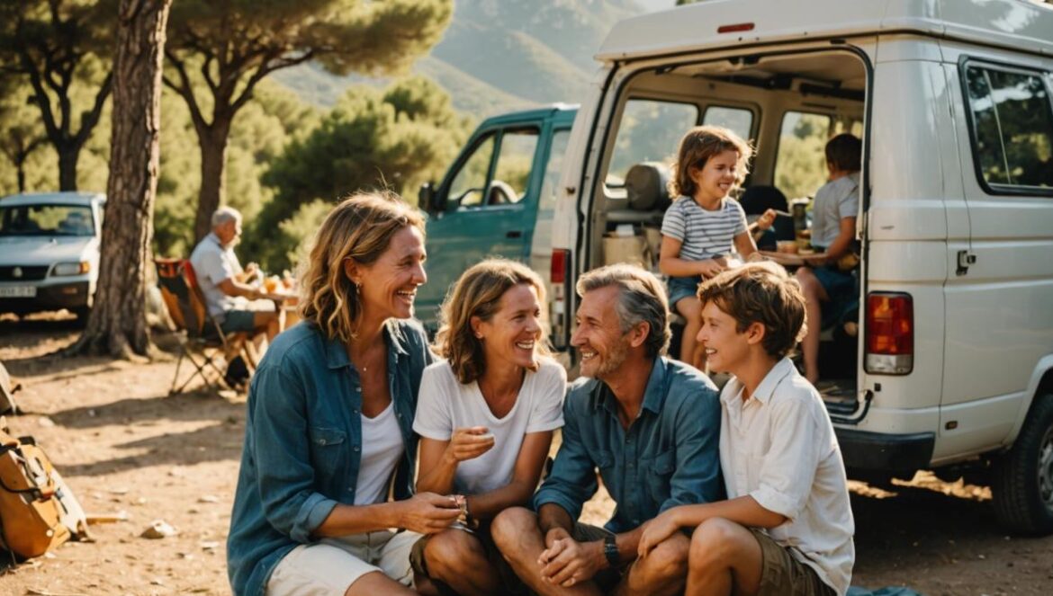 Vacaciones familiares: el secreto inesperado para tu bienestar todo el año A photorealistic editorial image of a joyful family camping in Corsica, sitting together outside a van surrounded by lush Mediterranean nature, late afternoon golden light, casual summer clothes, laughing and sharing food, main subjects (parents and child) well-centered and in sharp focus, cozy camping props like chairs and a picnic blanket, clean natural background with mountains and trees.