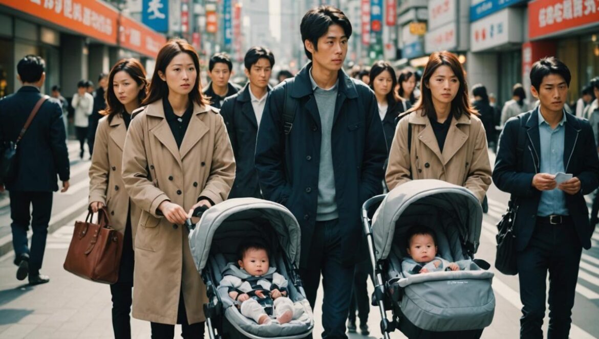 Japón lo intenta todo (dinero incluido), pero nadie quiere tener hijos: ¿por qué? A group of young Japanese adults in a modern Tokyo cityscape, center-focused and well-lit, looking thoughtfully at baby strollers and charts showing declining birth rates, photorealistic editorial style, warm natural daylight, subtle hints of traditional and modern lifestyles blending in the background, main subjects in sharp focus with clean composition.