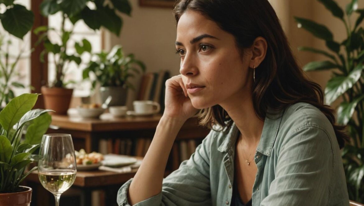 ¿Por qué las frases familiares duelen más de lo que imaginamos? A young Latina woman sitting at a cozy table in a Buenos Aires apartment, surrounded by lush green plants and books, looking contemplative while a family dinner scene unfolds in the background. The focus is on her calm, thoughtful expression as she listens to a conversation, photorealistic editorial style, warm natural lighting, the main subject centered and in sharp focus, soft background details showing subtle tension among family members.
