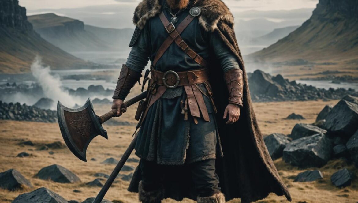 A fierce Viking warrior in authentic period costume, standing amidst a misty Icelandic landscape, gripping an axe with determination. Photorealistic editorial style, dramatic moody lighting highlighting the textures of his fur cloak and battle-worn face, background features volcanic rocks and subtle hints of Norse symbols. Main subject centered and in sharp focus, conveying intensity and depth.
