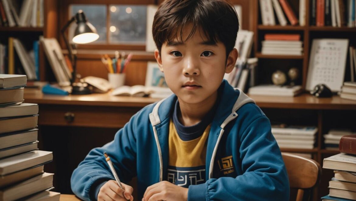 En Corea el éxito empieza antes de nacer: la otra cara de la excelencia escolar A young South Korean child, sitting at a study desk surrounded by textbooks, musical instruments, and sports equipment, photorealistic editorial style, warm indoor lighting, subtle hints of stress and determination on the child's face, background shows a window with city lights and a calendar filled with activities, main subject clearly centered and in sharp focus.