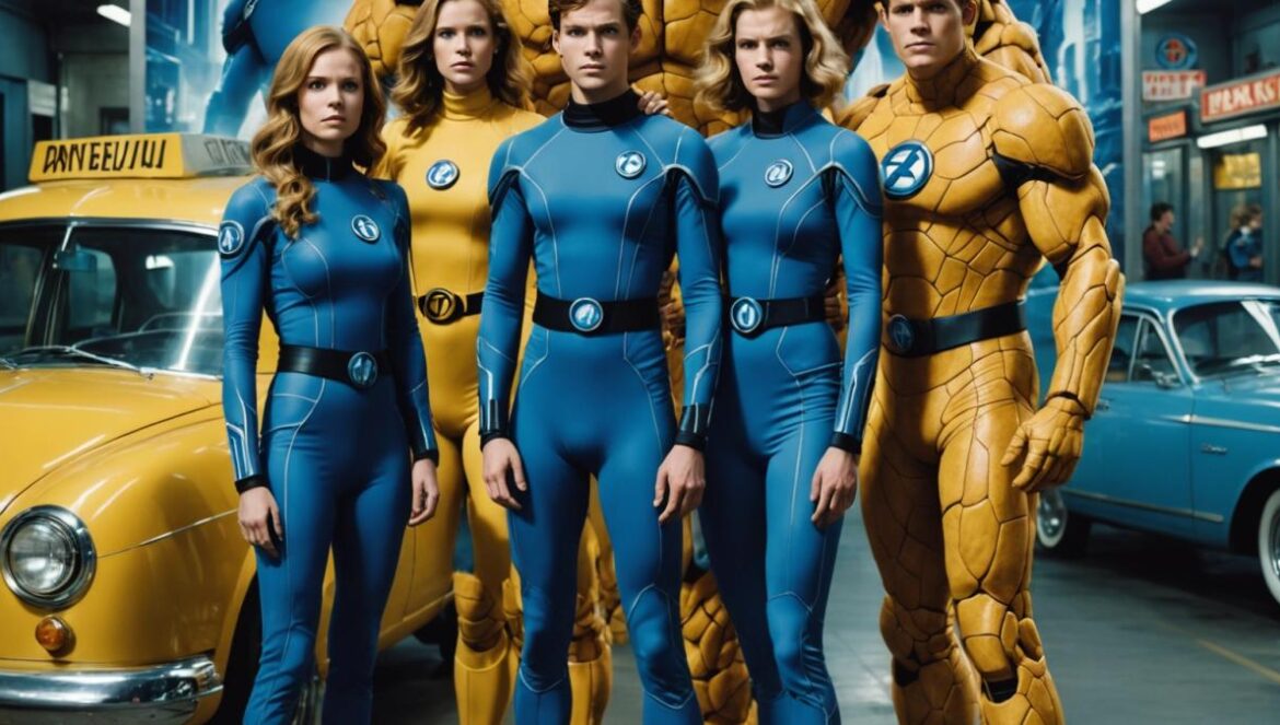 ¿Fracaso épico o simple mal paso? El póster de ‘Los 4 Fantásticos’ que dividió a los fans A group of four actors dressed as the Fantastic Four, standing uneasily in front of a large, retrofuturistic movie poster with overwhelming blue tones and cluttered elements like a yellow taxi and a classic diner. Editorial photorealistic style, well-lit indoor setting, slight look of confusion or disappointment on their faces, poster centered behind them in sharp focus, clean background highlighting the main subjects.
