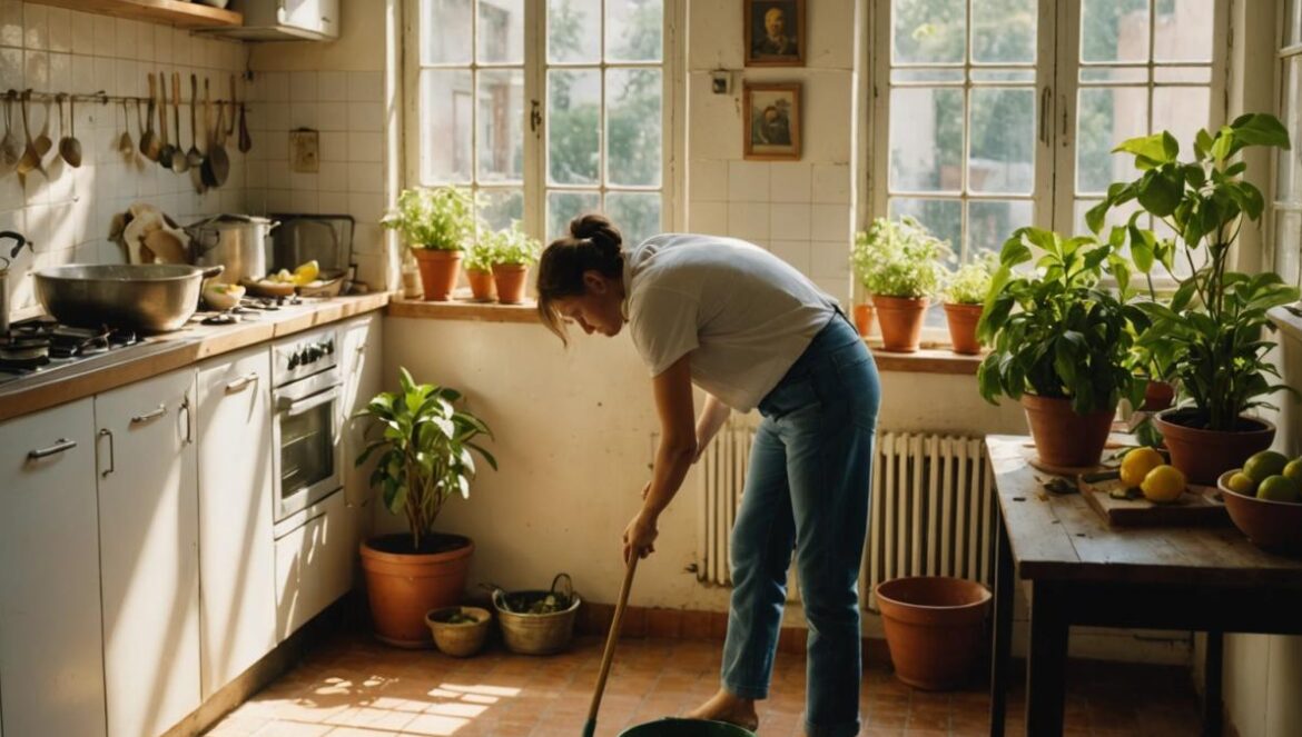 Mi método antiplagas que huele rico y espanta cucarachas (sí, funciona de verdad) A cozy, sunlit kitchen in Buenos Aires, photorealistic editorial style, with a person mopping the floor using a bucket filled with lemon slices and garlic cloves, surrounded by healthy green plants and aromatic candles on the windowsill. The main subject—the bucket with visible natural ingredients—is centered and in sharp focus. Clean background with warm daylight highlighting the inviting, serene atmosphere.