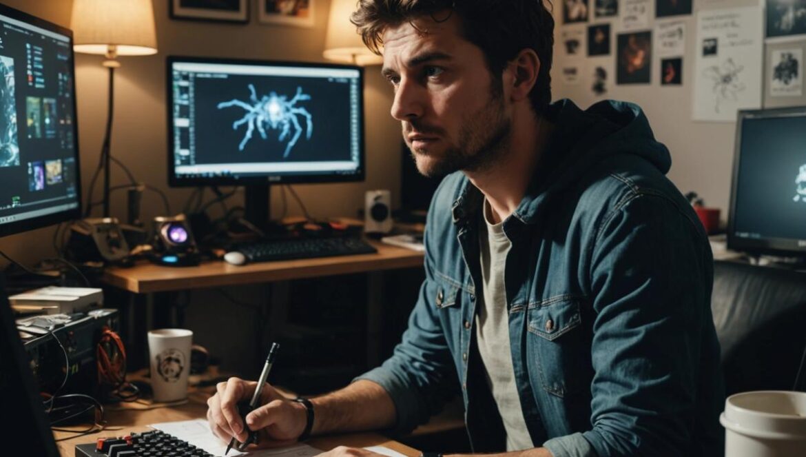 Una promesa congelada: el videojuego de terror de Jordi Wild entre hype, caos creativo y dudas sobre su futuro A stressed indie game developer in a modern apartment, surrounded by multiple computer screens showing horror game concepts and sketches, photorealistic editorial style, dramatic lighting highlighting both hope and frustration on his face, old and new gaming consoles neatly arranged around him, main subject centered and in sharp focus, with sticky notes and coffee mugs hinting at long hours of work.