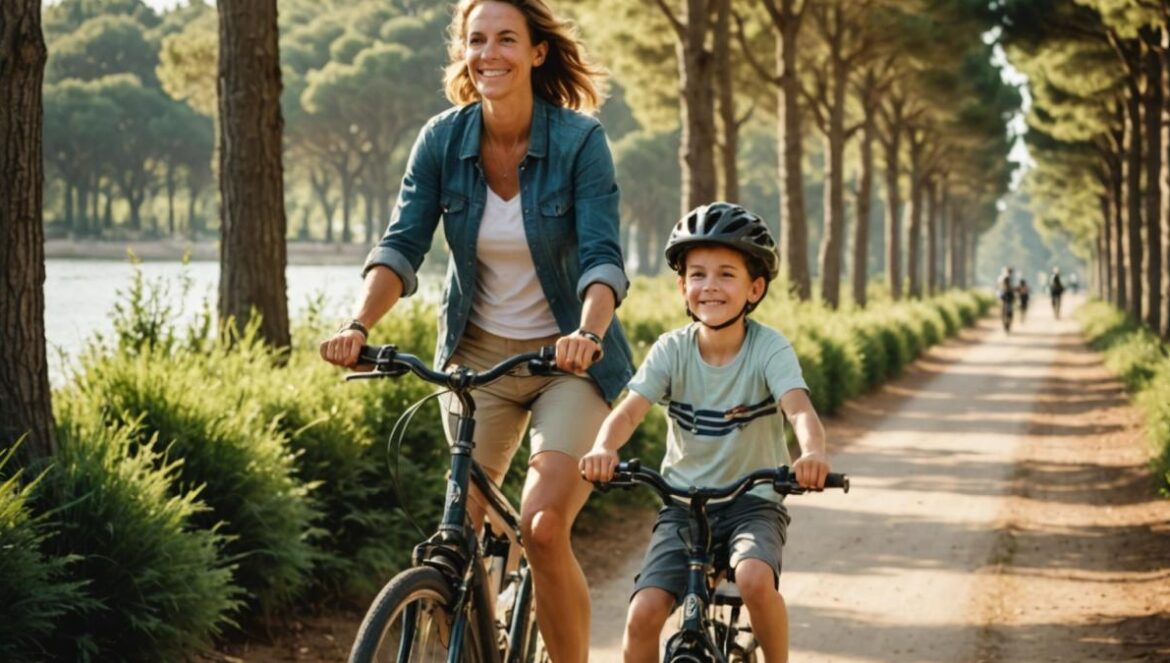 Reinventarse tras una ruptura: cómo Laure Manaudou convirtió el cambio en bienestar real A confident woman in her mid-30s cycling with her young son on a tree-lined path near the Arcachon Bay, photorealistic editorial style, golden afternoon light, peaceful natural setting with lush greenery, both smiling and relaxed, main subjects well-centered and sharply focused, background softly blurred to emphasize tranquility.