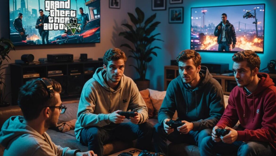 GTA Online sin PS Plus: la jugada maestra detrás de Money Fronts A group of young gamers in a cozy, modern living room playing GTA Online on a PlayStation 5, photorealistic editorial style, excited faces illuminated by vibrant TV screen lights, DualSense controllers in hand, retro and modern consoles visible in the background, central focus on the main player, relaxed night-time mood.