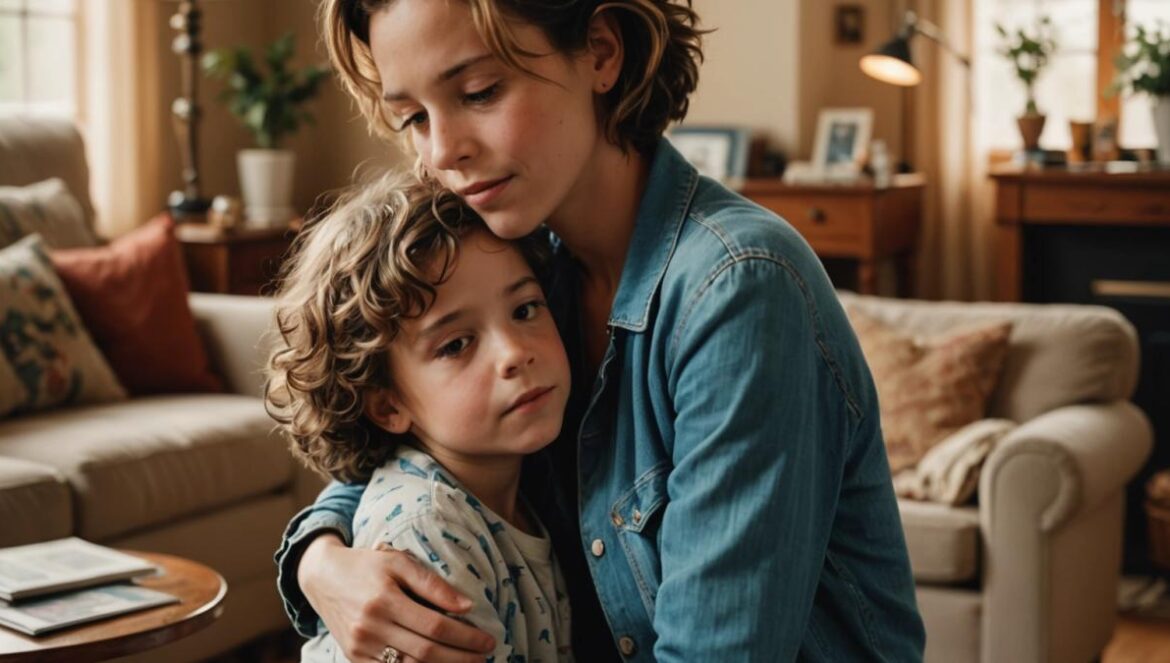 Vitaa y el legado invisible de Enzo: cuando la música abraza al duelo Vitaa, a French singer, gently embracing a young boy with a rare disease in a cozy living room setting, photorealistic editorial style, soft natural lighting, visible musical notes and family memorabilia around them, both subjects centered and in sharp focus, subtle expressions of affection and resilience on their faces.