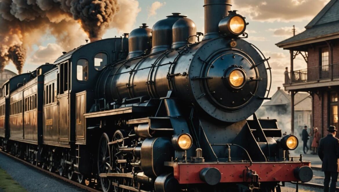 El secreto mejor escondido de Regreso al Futuro III que los fans aún están descubriendo A detailed editorial-style photo of a vintage steam locomotive modified with futuristic technology, centered on the time-travel flux capacitor attached beneath its chimneys, with two characters dressed in late 19th-century and 1980s attire standing beside it. Photorealistic, warm evening light, subtle film grain, clear focus on the train’s central device and the expressions of fascination on the characters’ faces, clean background evoking a small Western town.