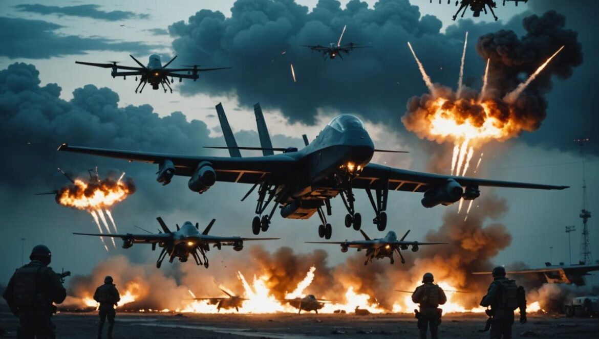 Así comenzó la era de la guerra invisible: IA, drones letales y fuego desde el espacio A group of advanced military drones flying over a Russian airbase at night, explosions visible on the ground, photorealistic editorial style, moody blue lighting with sharp contrast, satellite imagery overlays in the sky, Russian strategic bombers burning and damaged at the center of the scene, high-tech ambiance, main subjects (drones and destroyed aircraft) well-centered and in sharp focus, crisp details with a slightly dramatic atmosphere.