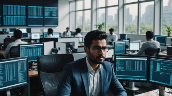 A well-dressed businessperson, looking frustrated, sits at a sleek modern desk surrounded by high-tech gadgets and large monitors displaying code. Behind the person, a glass wall shows dozens of programmers working intensely in a busy open office in India. Photorealistic editorial style, sharp daylight streaming through windows, center-focused composition, professional tech environment, main subject sharply in focus.