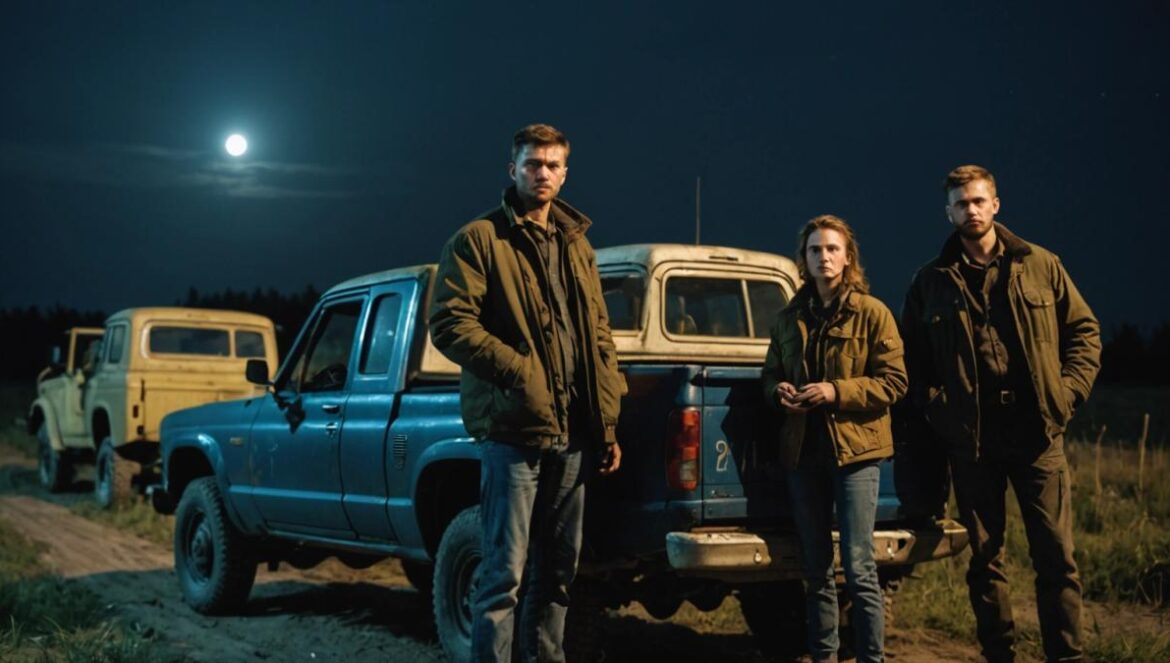 Drones rusos vs civiles ucranianos: la guerra que se libra con tabletas, ametralladoras antiguas… y puro coraje A determined group of Ukrainian civilians, both men and women, standing beside a rugged pickup truck at night in rural fields outside Kyiv, armed with WWII-era rifles and modern tablets for mapping, photorealistic editorial style, tense but hopeful mood with dramatic moonlight highlighting their focused faces and old weaponry, main subjects well-centered and sharply in focus, clear rural background suggesting the frontline environment.