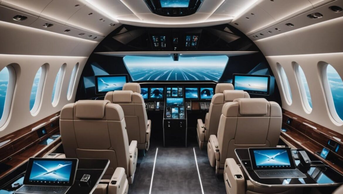 El jet sin ventanas que cambiará la aviación privada A futuristic private jet interior without windows, but with large curved high-definition screens displaying panoramic sky views, photorealistic editorial style, well-lit modern cabin, passengers in sleek seats immersed in the digital scenery, main subject clearly centered and in sharp focus, minimalist design and tech gadgets visible.