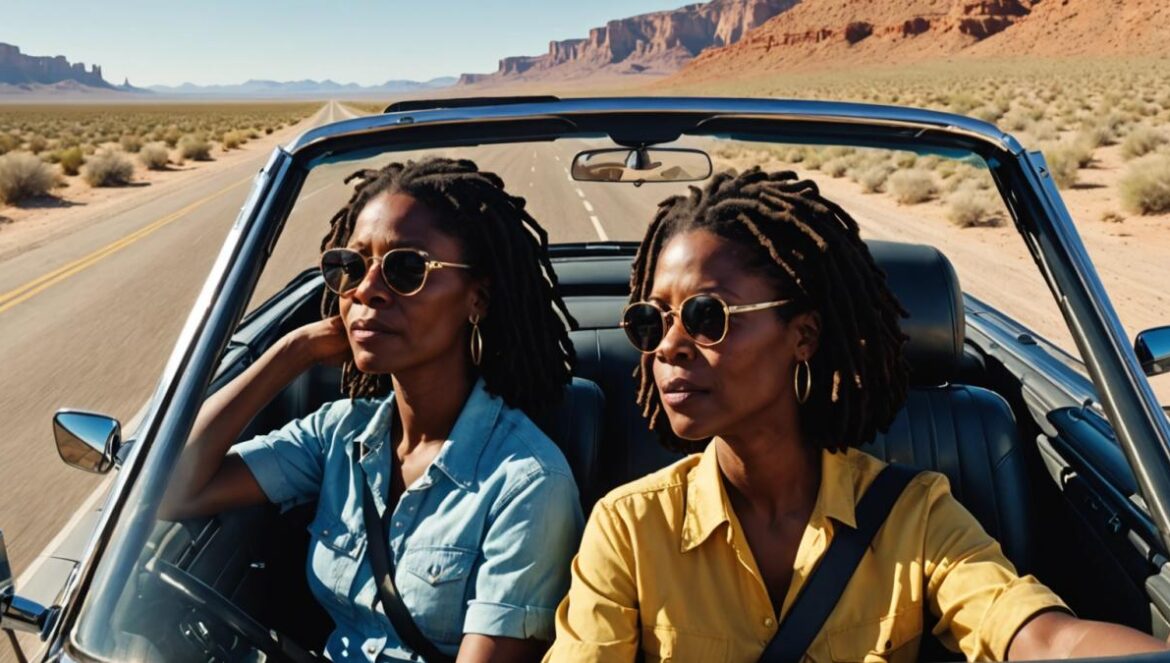 Three women on a road trip in a classic convertible car, driving through an American desert highway, photorealistic editorial style, bright sunlight and blue sky, one woman with dreadlocks wearing sunglasses (Whoopi Goldberg type), another with short hair looking contemplative (Mary-Louise Parker type), and a third visibly pregnant and laughing (Drew Barrymore type). The main subjects are centered and sharply in focus, with suitcases tied to the back and empowering, warm atmosphere.