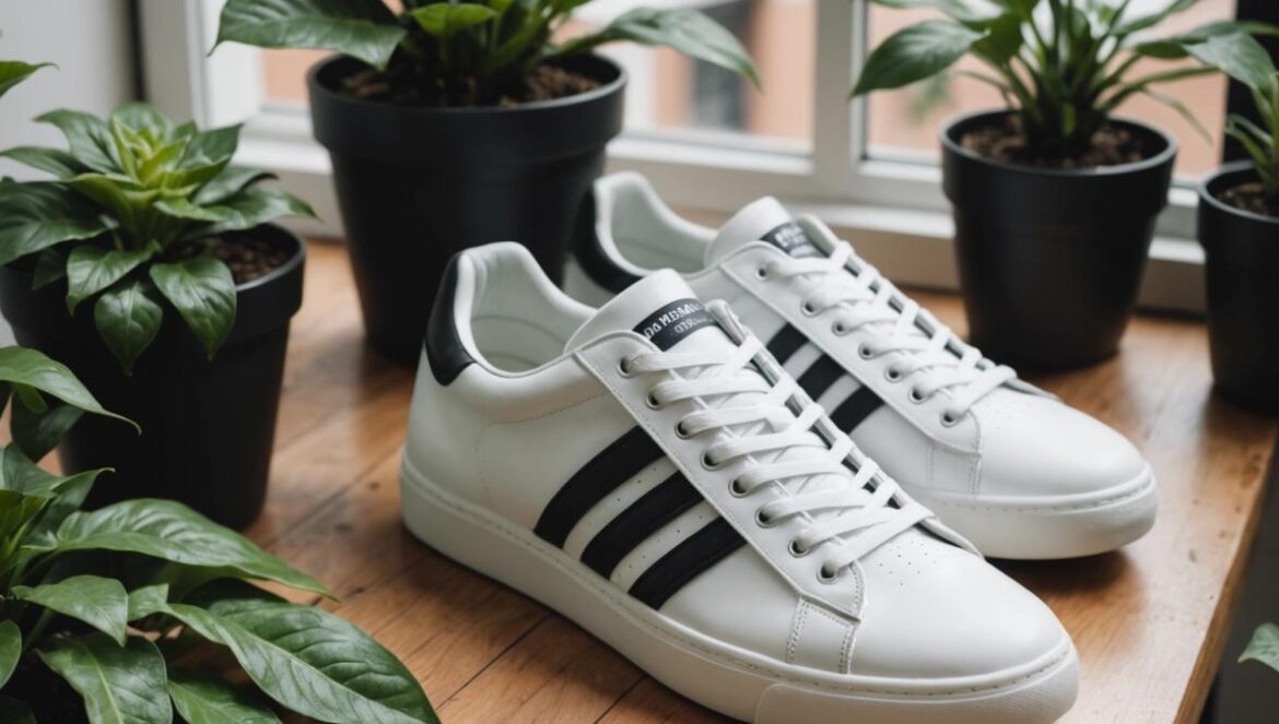 El furor por las zapatillas Lidl tipo Skechers: ¿moda viral o revolución del bienestar? A well-centered close-up of a pair of stylish, affordable sneakers in white and black, placed on a minimalist wooden table surrounded by green houseplants and aromatic candles, photorealistic editorial style, bright natural lighting from a window, creating a cozy Buenos Aires apartment atmosphere, sneakers in sharp focus with visible cushioned insoles and zigzag stitching details.