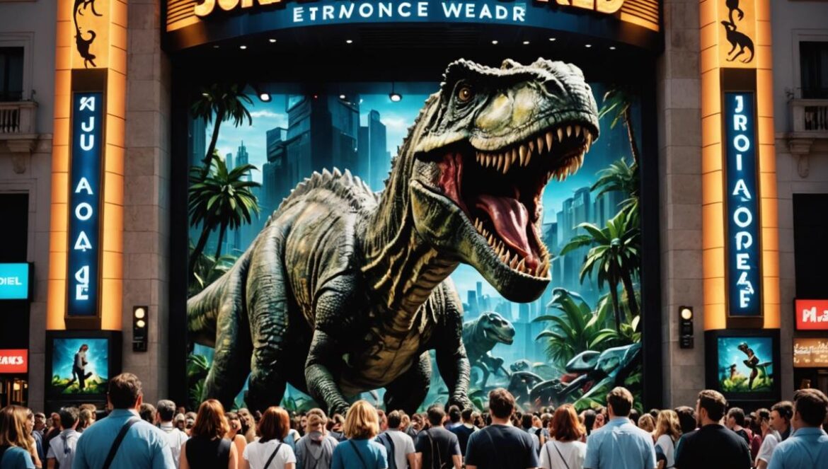 Jurassic World: El Renacer promete nostalgia, Scarlett Johansson y un regreso al laboratorio original… ¿podrá revivir la magia del rugido jurásico en 2025? A dramatic, photorealistic editorial shot of a modern cinema entrance in Madrid, filled with excited moviegoers lined up for the premiere of 'Jurassic World: El renacer', giant dinosaur posters and neon lights dominate the scene, Scarlett Johansson and Gareth Edwards featured on promotional screens, vibrant evening atmosphere, main subject well-centered and in sharp focus, clean yet bustling background.