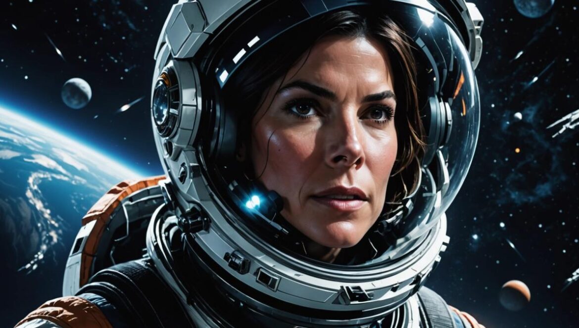 ¿Por qué ‘Gravity’ sigue dejándonos sin aliento? El clásico espacial que vuelve a Netflix A centered scene of a woman astronaut (Sandra Bullock lookalike) floating alone in space, Earth looming beneath her, photorealistic editorial style, intense contrast between the darkness of space and the glowing planet, sharp focus on her emotional face through the helmet visor, crisp high-definition lighting with a subtle reflection of stars and debris on the helmet glass, main subject clearly centered and in sharp focus, minimal background distractions.