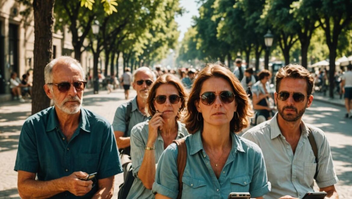 Calor extremo en España: el junio de 2025 que rompe récords — AEMET alerta de “atasco” atmosférico, anticiclón subtropical implacable y tormentas salvajes a contratiempo A group of people in Madrid, Spain, seeking shade under trees and using handheld fans during an intense summer heatwave, photorealistic editorial style, midday sun with harsh lighting, digital thermometers showing high temperatures in the background, main subjects clearly centered and sweating, vibrant city atmosphere with parched streets.