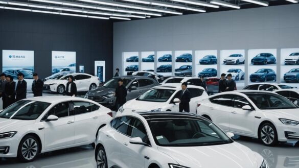 El truco sucio detrás del boom de los coches eléctricos chinos que nadie te cuenta A center-focused photorealistic editorial image showing a modern car dealership in China, with rows of shiny electric vehicles under bright showroom lights. Salespeople stand beside the cars, some holding paperwork, while digital screens display impressive sales numbers. In the foreground, a pristine 'used' electric car still wrapped in protective plastic covers is prominently displayed, with curious buyers examining it. The atmosphere is dynamic and slightly tense, capturing both excitement and underlying uncertainty. The main subject—a sparkling electric car—must be perfectly centered and in sharp focus, with clear signage indicating it's 'second-hand', clean background.