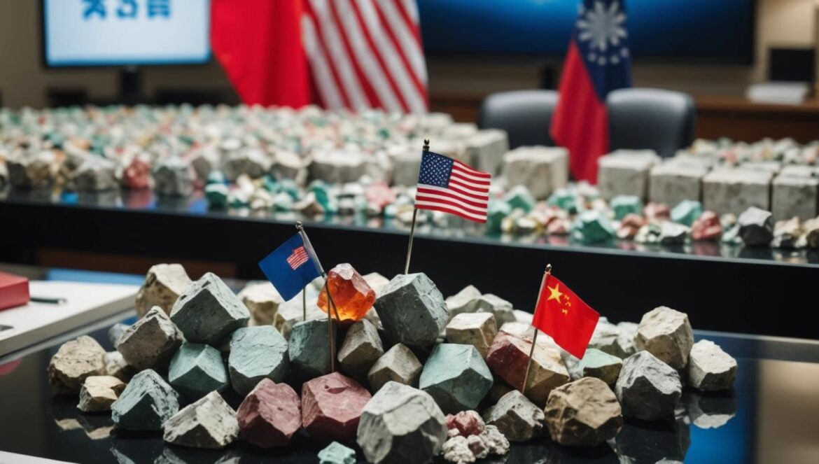 La carta oculta de China que pone en jaque a EE.UU. (y a tu próximo móvil) A close-up of rare earth minerals displayed on a lab table, photorealistic editorial style, focused on colorful mineral samples with Chinese and US flags subtly in the background, modern office lighting, atmosphere reflecting high-stakes negotiations, main subject (minerals) sharply centered and in focus, clean and professional setting.