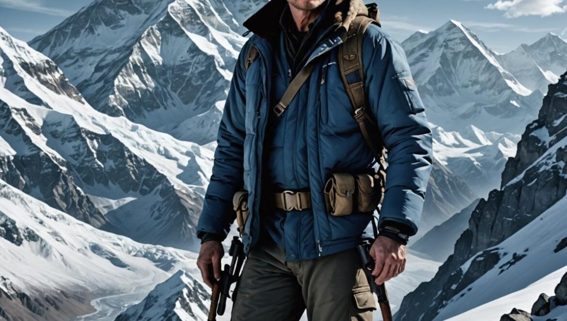 ‘Ice Road: Vengeance’: Liam Neeson lleva la acción al Everest y reabre el debate sobre héroes crepusculares Liam Neeson as an older, rugged action hero, dressed in winter expedition gear, standing determined on a snowy Himalayan mountain path. In the background, a dramatic Everest peak looms with swirling clouds. Photorealistic editorial style, main subject centered and sharply focused, intense atmosphere with cold blue lighting and subtle hints of danger—like shadowy mercenaries in the distance.