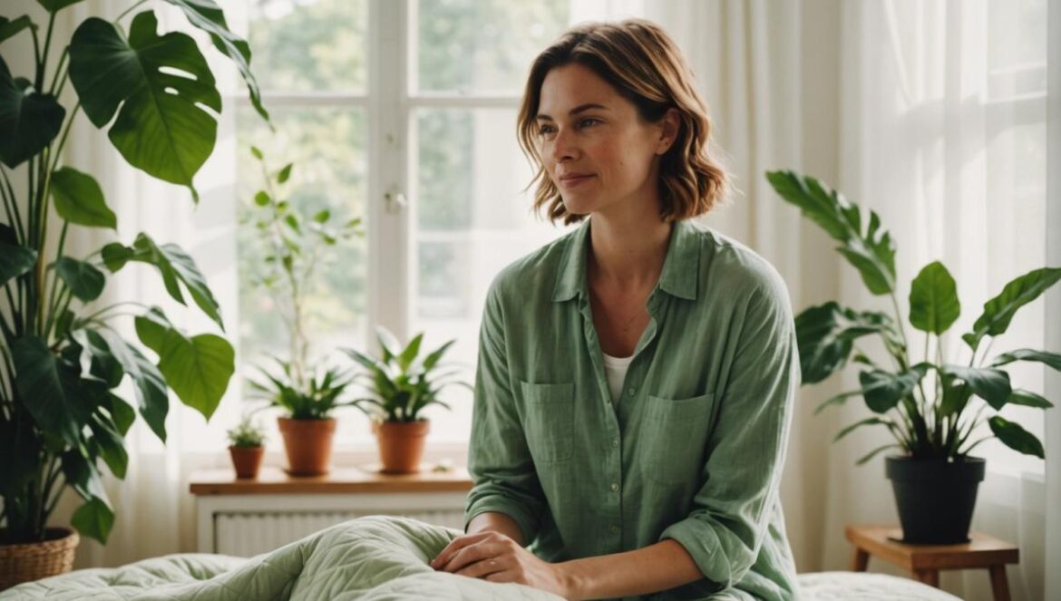 A modern, airy bedroom with a stylish light cotton quilt on the bed, center-focused, photorealistic editorial style, soft natural sunlight streaming through sheer curtains, green plants and minimalistic decor visible, a woman in her early 30s arranging pillows with a relaxed smile, clean and inviting atmosphere.