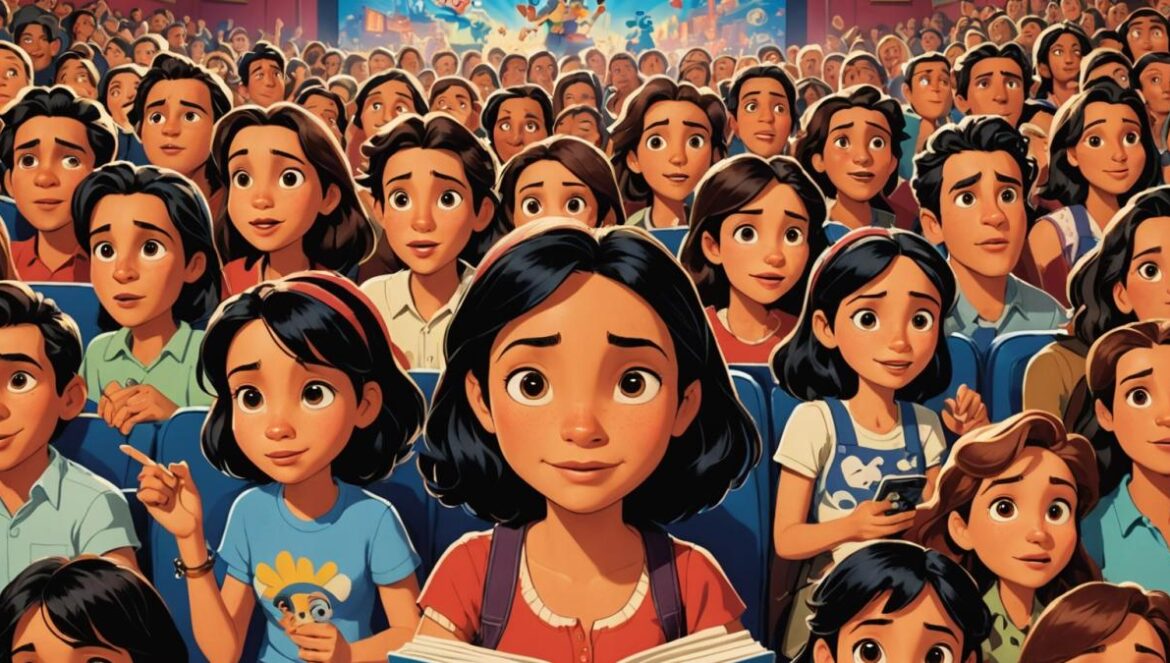 ¿Era necesario otro remake? ‘Lilo y Stitch’ emociona… pero deja dudas sobre Disney A central, photorealistic editorial-style image of a packed Madrid cinema with excited families and young adults watching a vibrant movie scene from Lilo & Stitch on the big screen. In the center, a sharp focus on a woman in her 30s with curly hair jotting notes in a well-worn notebook, surrounded by nostalgic film posters and plush toys. Warm lighting, joyful expressions, clean background highlighting the communal experience of moviegoing.