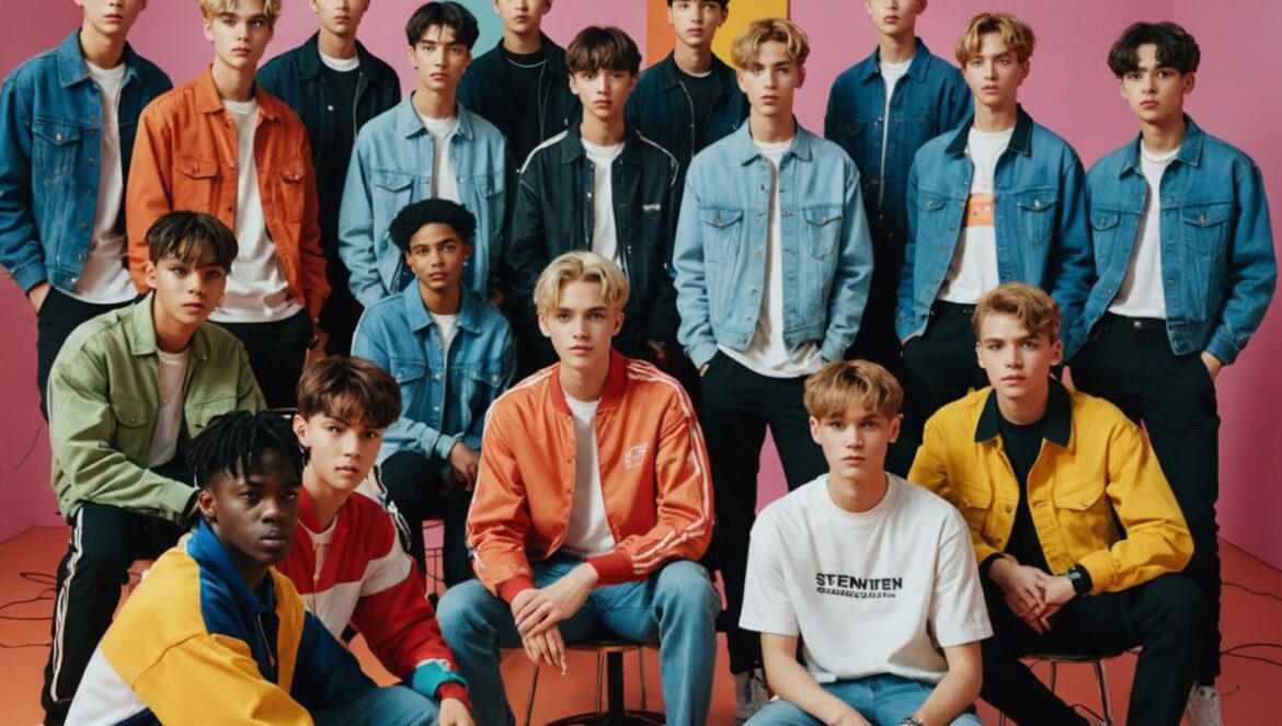 Happy Burstday: el álbum de Seventeen que rompe las reglas del K-pop en su décimo aniversario Thirteen members of Seventeen gathered in a modern, colorful studio, some seated and others standing, each expressing unique personalities through their fashion and gestures. Photorealistic editorial style, energetic yet reflective mood, soft but vibrant lighting highlighting individual faces, subtle props like microphones and headphones suggesting musical creativity. The main group is well-centered and in sharp focus; background is clean with faint hints of musical instruments and LED screens.