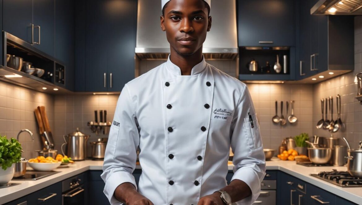 ¿Por qué Mory Sacko está revolucionando la gastronomía francesa desde dentro? Mory Sacko, elegant young chef in a stylish modern kitchen, presenting an exquisite dish with French-African fusion elements, photorealistic editorial style, vibrant lighting highlighting the colors of the food, contemporary tableware and subtle nods to pop culture on the walls, Mory centered in sharp focus, professional and inviting atmosphere.