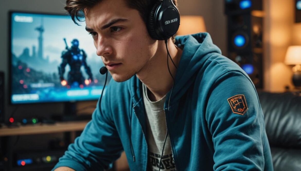 ¿Por qué todos los gamers bajamos el volumen en los momentos clave? La ciencia lo explica A young gamer intensely focused while playing a video game in a modern, well-lit room, hands on the controller, retro and next-gen consoles visible behind him. Editorial, photorealistic style. The main subject is centered and in sharp focus, with headphones half-off his ears and a TV displaying an epic boss fight. Background shows soft lights and gaming memorabilia for an authentic vibe.