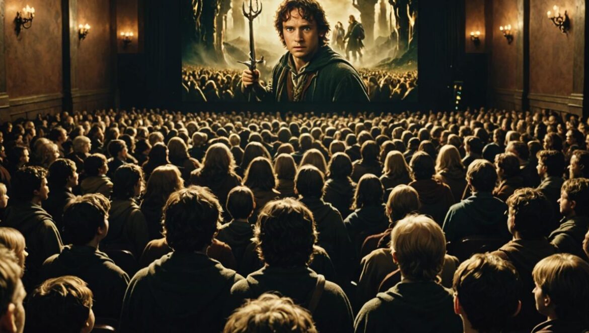 El tráiler que cambió la fantasía: así nació la magia de El Señor de los Anillos en cines A crowded cinema in 2001, audience of all ages watching the first Lord of the Rings trailer, photorealistic editorial style, faces illuminated by the screen with awe and anticipation, classic movie posters on walls, main focus on excited viewers in the center, cinematic lighting and sharp details.