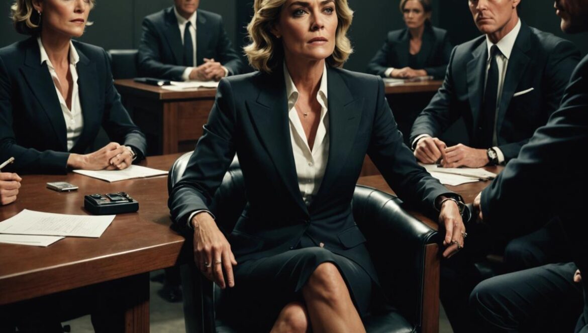 ¿Por qué ‘Basic Instinct’ sigue incomodando 30 años después? Sharon Stone as Catherine Tramell sitting confidently in an interrogation room, crossing her legs, surrounded by tense detectives in suits, photorealistic editorial style, moody and dramatic lighting, smoke wafting from her cigarette, all eyes fixed on her, main subject sharply centered and in focus, minimalist background for a tense cinematic atmosphere.