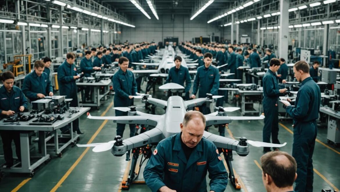 De Pyongyang a Tartaristán: el ejército secreto que fabrica drones para Rusia A massive drone factory interior in Russia, center-focused on North Korean and Russian workers assembling Shahed kamikaze drones on an assembly line, photorealistic editorial style, bright industrial lighting, detailed machinery and workstations visible, sense of scale with hundreds of workers in uniform, mood is intense and collaborative, main subjects well-centered and in sharp focus.