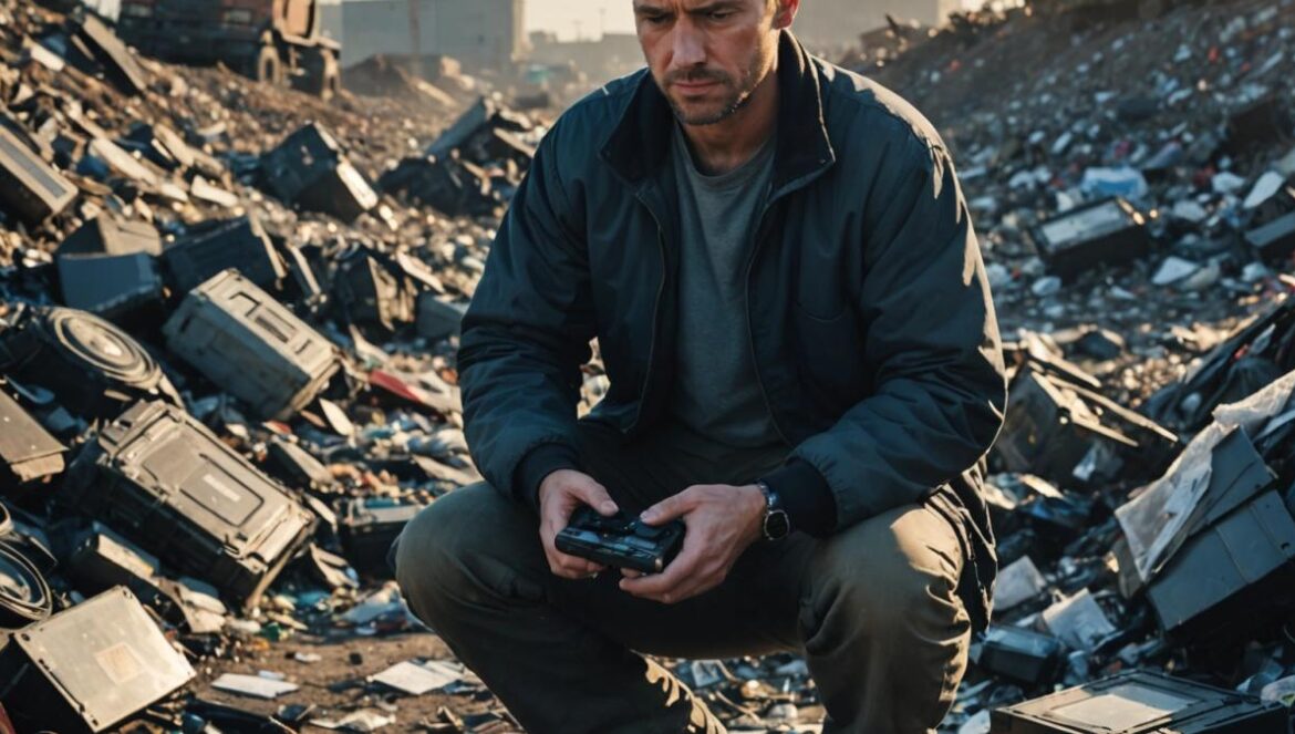 El hombre que tiró 8.000 Bitcoins a la basura: ¿leyenda urbana o tragedia digital real? A man in his mid-30s wearing casual clothes, kneeling amidst a vast landfill, intensely searching through discarded electronics and trash bags for a hard drive. Photorealistic editorial style, early morning light with a sense of hope and determination on his face. Well-centered main subject, clear focus on his hands holding an old hard drive among tech debris, background slightly blurred to emphasize the search and emotional weight.