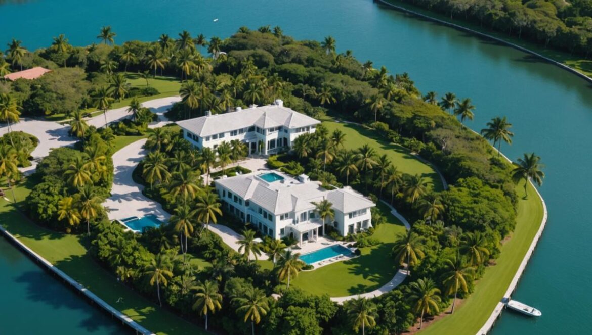 Indian Creek: la isla de los multimillonarios que no sabe qué hacer con su basura Aerial view of Indian Creek Island, Miami, centered on ultra-luxurious mansions surrounded by tropical greenery and a private golf course. Editorial photorealistic style, midday bright lighting, security checkpoint at the bridge visible, clear focus on exclusivity and opulence. Centered composition with crisp details highlighting the contrast between luxury homes and the surrounding water.