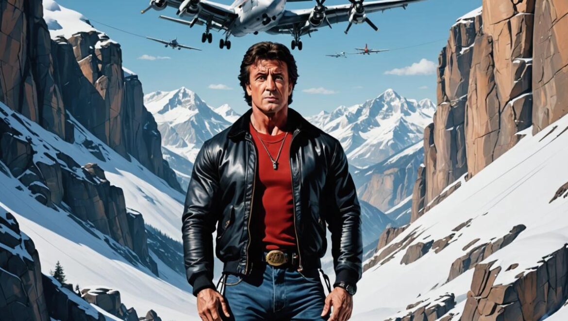 El día que Stallone arriesgó un millón de su bolsillo por el truco más peligroso del cine Sylvester Stallone standing at the edge of a dramatic snowy cliff in the Rocky Mountains, intense expression, with two airplanes flying close together in the background and a stuntman suspended on a cable between them. Photorealistic editorial style, bright daylight, crisp mountain air, sharp focus on Stallone at center, dynamic composition with visible film equipment subtly present for authenticity.