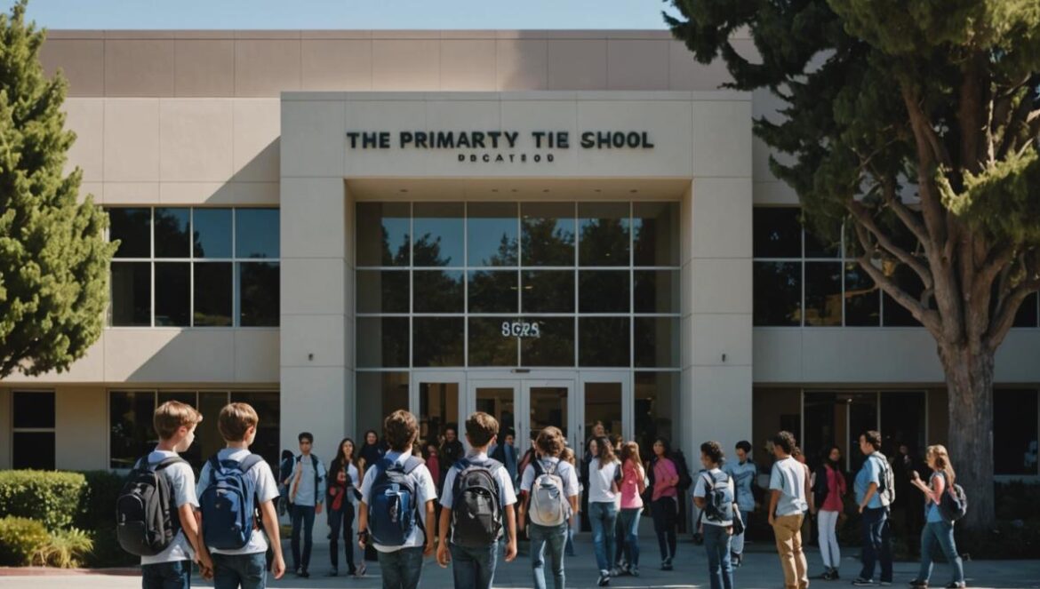 El experimento escolar de Zuckerberg que prometía revolucionar la educación… y cerró sin graduar a nadie A photorealistic editorial image of an upscale, modern school building in Palo Alto with diverse children and parents looking concerned at the entrance, Silicon Valley tech landscape in the background, center-focused composition with clear signage for 'The Primary School', realistic daylight, slight air of uncertainty and transition, main subjects well-centered and in sharp focus.