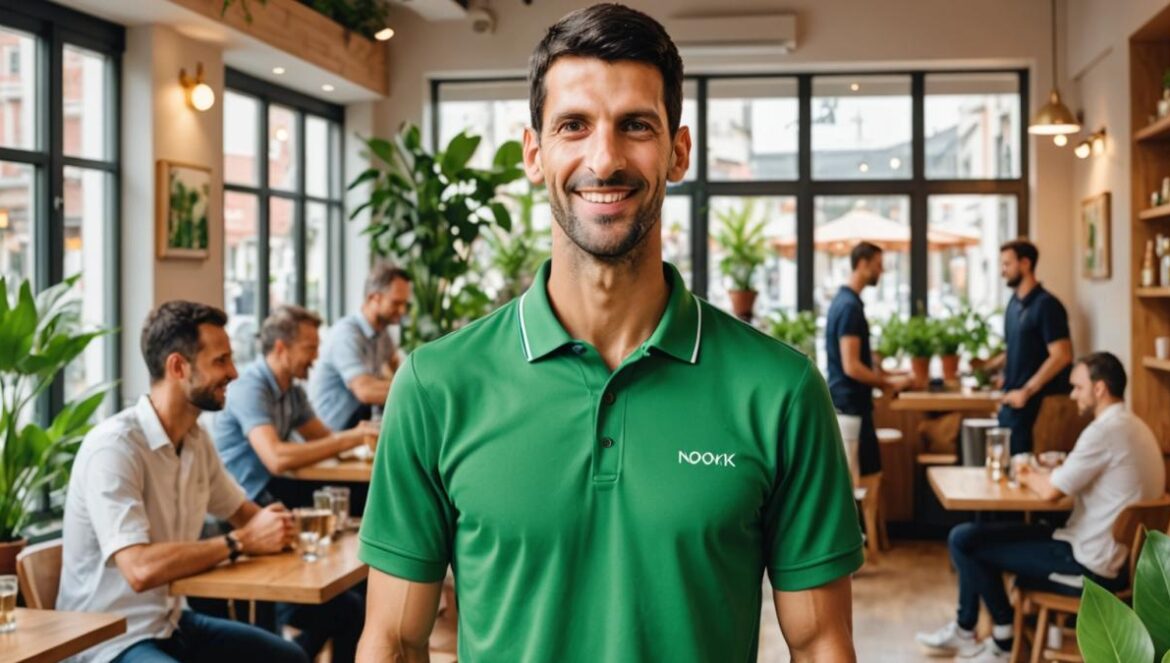 Djokovic más allá del tenis: cómo su dieta vegana está transformando vidas (incluida la tuya) Novak Djokovic standing at the center of a bright, modern vegan restaurant, warmly greeting diverse guests. Photorealistic editorial style, well-lit interior with green plants and clean design details. Djokovic is clearly in focus, smiling confidently while interacting with staff and customers. The atmosphere conveys health, innovation, and inclusivity. Background features subtle hints of Belgrade or Monaco cityscapes through large windows.