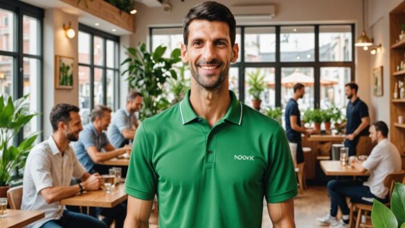 Novak Djokovic standing at the center of a bright, modern vegan restaurant, warmly greeting diverse guests. Photorealistic editorial style, well-lit interior with green plants and clean design details. Djokovic is clearly in focus, smiling confidently while interacting with staff and customers. The atmosphere conveys health, innovation, and inclusivity. Background features subtle hints of Belgrade or Monaco cityscapes through large windows.