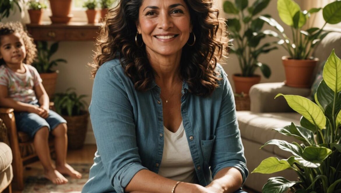 Madres que se olvidan de sí mismas: el reto invisible del autocuidado en familias numerosas A photorealistic editorial image showing a Latina mother of around 30 years old, sitting in a sunlit living room full of plants, gently styling her own hair with a peaceful smile. Several children of various ages play in the background, but the main subject—the mother—is centered and in sharp focus. The mood is warm and inviting, natural daylight coming through large windows, cozy environment with books and toys scattered around. Editorial style for an uplifting wellness story.