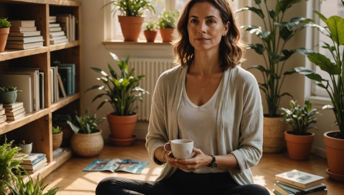 ¿Y si nunca soñaste con ser mamá… y aun así encuentras la felicidad? A confident woman in her early thirties, surrounded by vibrant plants and books in a cozy Buenos Aires apartment, sitting peacefully at a sunlit table with a cup of tea, soft warm lighting, photorealistic editorial style. The scene conveys inner peace and personal growth, with wellness objects (yoga mat, healthy food bowl, mindfulness journal) clearly centered and in focus. Background features subtle nods to music and family life.