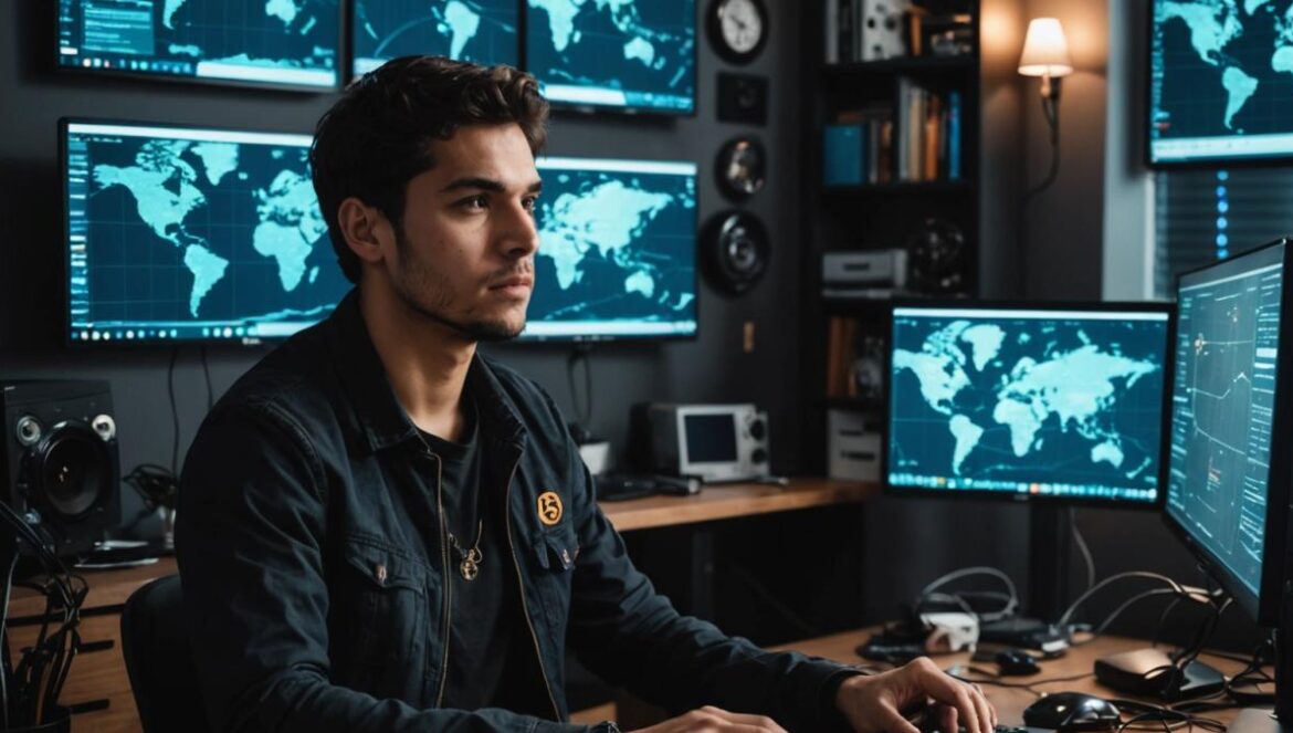 Bitcoin y el mito roto de la descentralización: ¿quién controla realmente el mercado? A focused editorial-style image of a young Latin American software engineer in a modern apartment filled with tech gadgets and crypto memorabilia, reviewing bitcoin data on multiple monitors. In the center, a digital world map highlights clusters of bitcoin whales and centralized entities. The mood is analytical and slightly tense, with cool lighting and crisp details—charts, coins, and code visible. Main subject sharply centered and in focus; background clean but with hints of tech books and hardware.